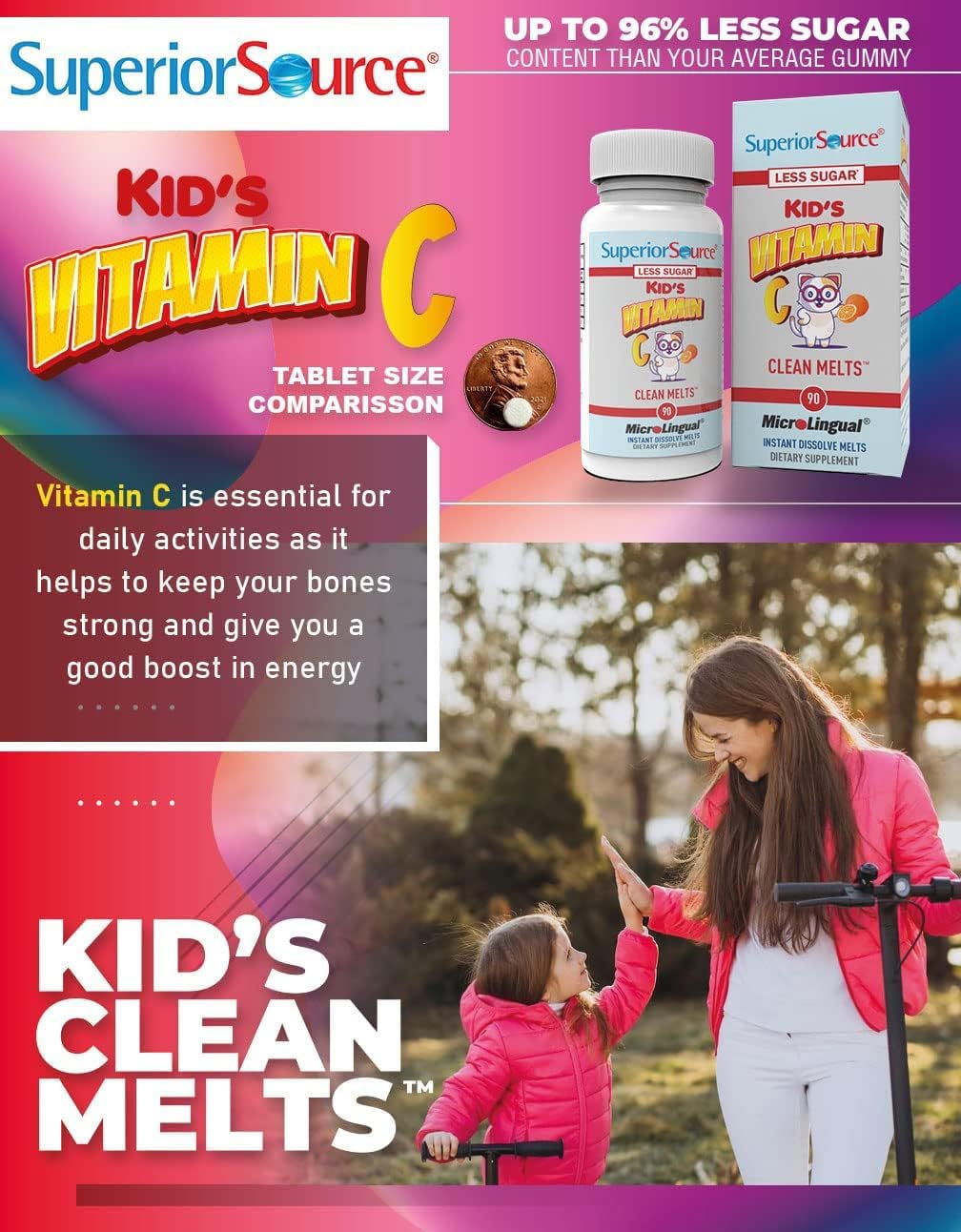 Kid’s Vitamin C (125 mg) MicroLingual Tablets - 90 Ct, Quick Dissolve Clean Melts for Immune System Support, Non-GMO Option