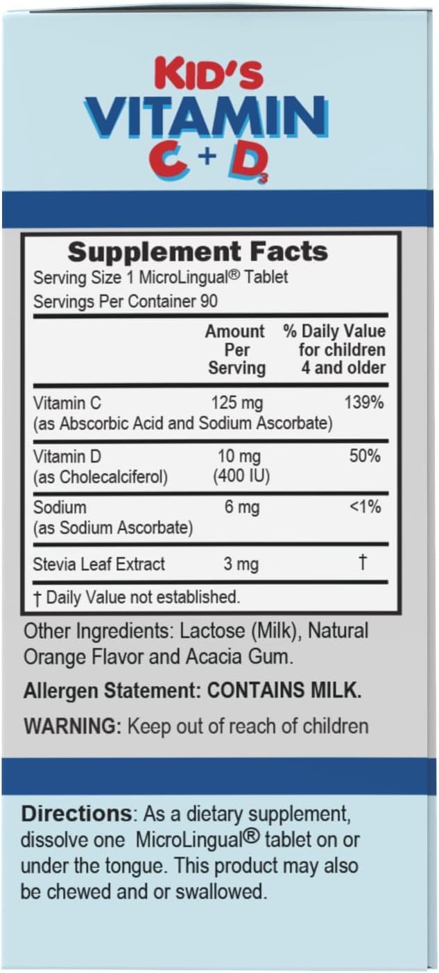 Kids' Vitamin C + D3 MicroLingual Tablets, 90 Ct, Quick Dissolve, Immune Support, Non-GMO, Gummy Alternative