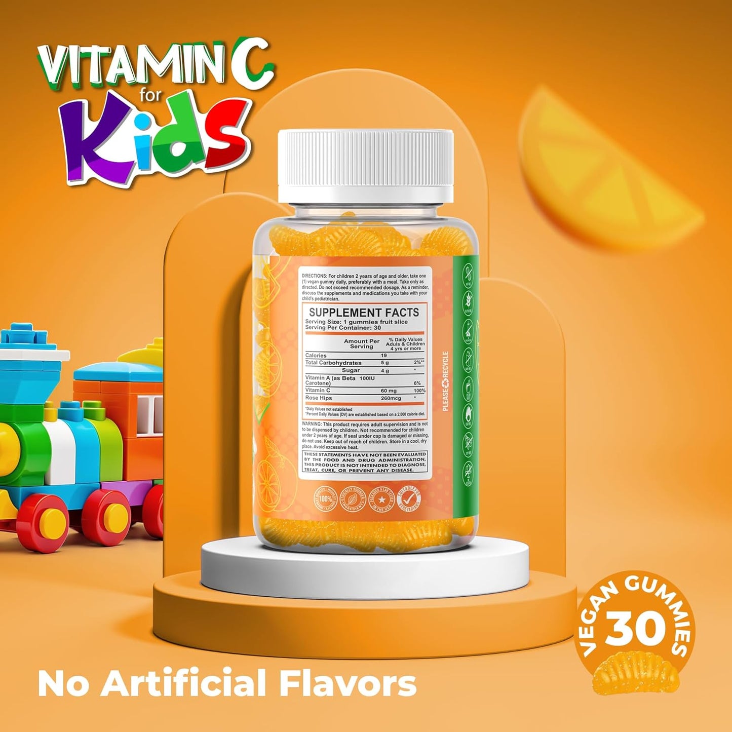 Kids Vitamin C Gummies for Immune Support - Natural Orange Flavor - Vegetarian, Non-GMO - 30 Day Supply