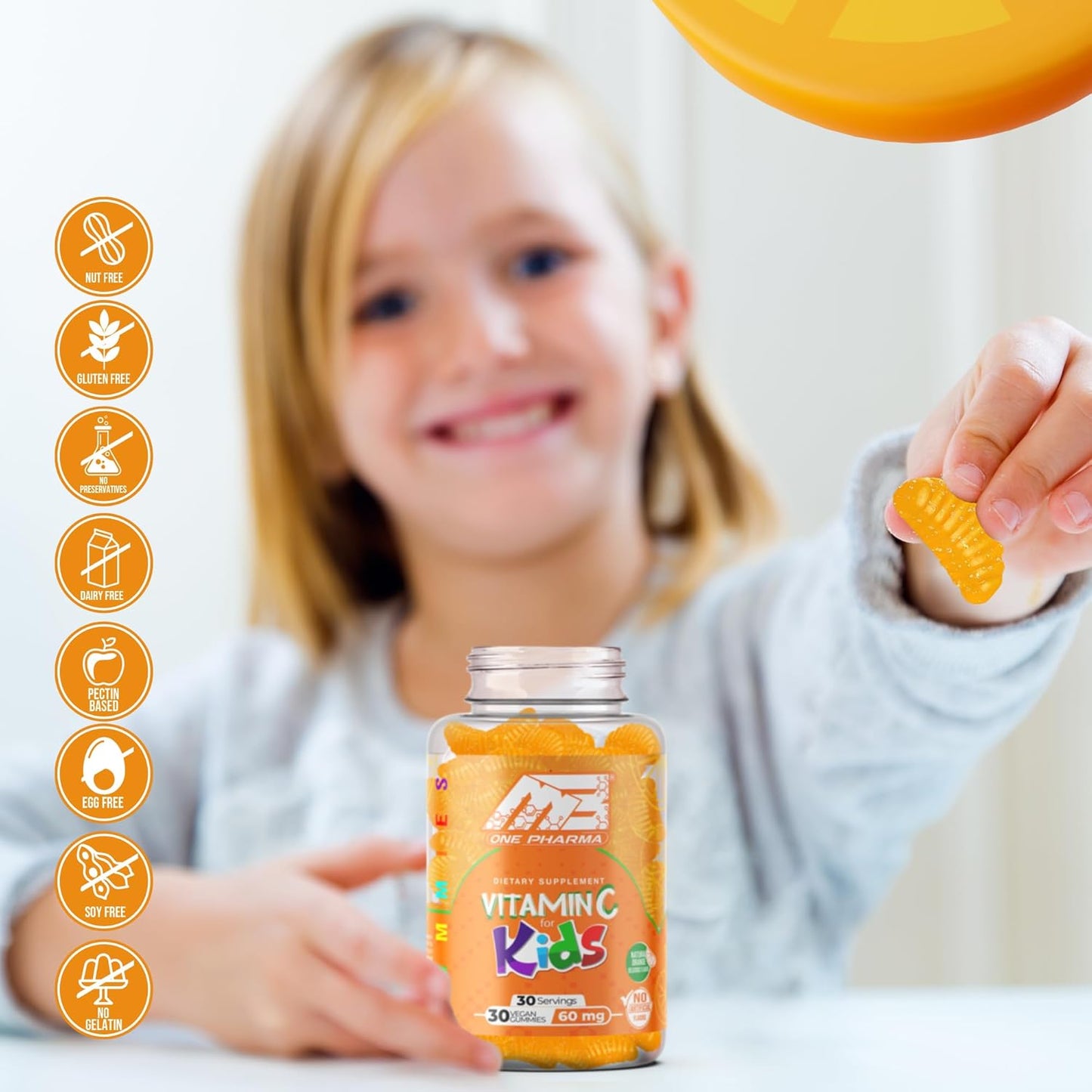 Kids Vitamin C Gummies for Immune Support - Natural Orange Flavor - Vegetarian, Non-GMO - 30 Day Supply