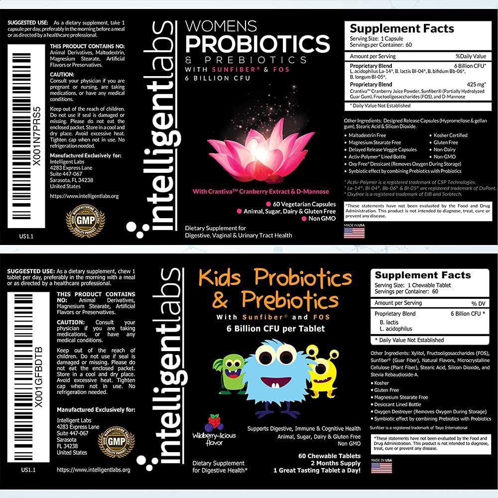Kids & Women's Probiotics Bundle with Sunfiber, FOS, Cranberry, and D-Mannose - 2 Months Supply, No Refrigeration Needed