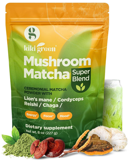KIKI Green Mushroom Matcha Powder - Super Blend with Lion's Mane, Chaga, Reishi, Cordyceps - Natural Energy and Focus Booster - 8 oz, 40 Servings