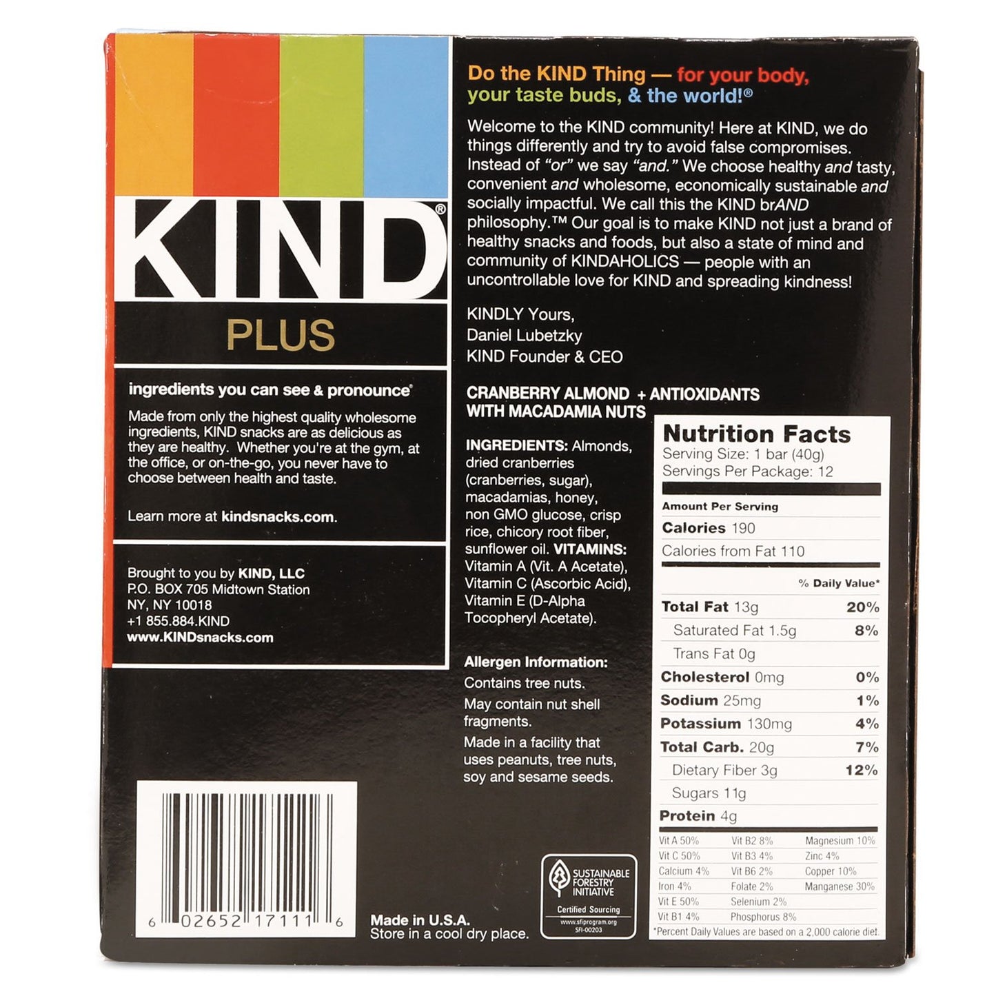 KIND 17211 Plus Nutrition Boost Bar, Cranberry Almond with Antioxidants, 1.4 oz, 12 Bars