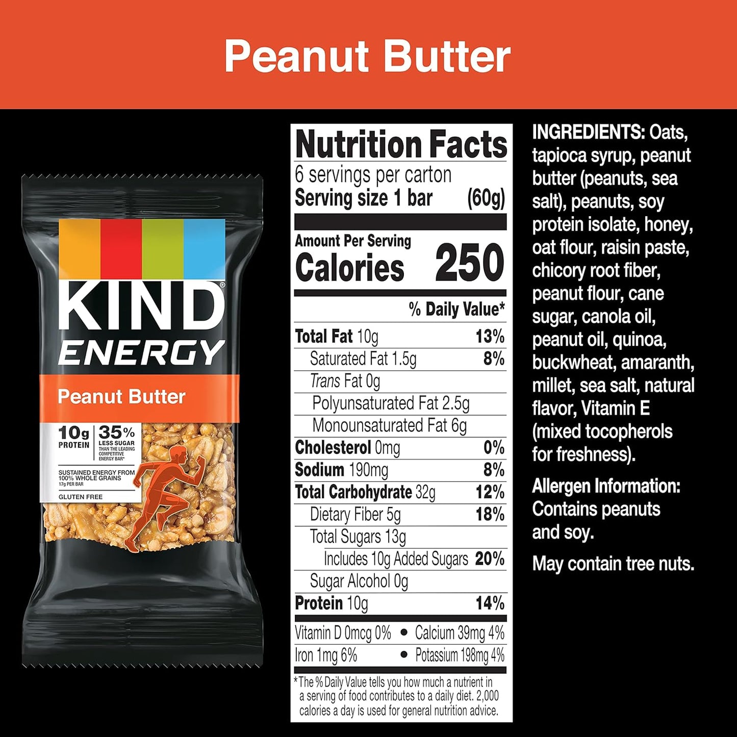 KIND Energy Bars, Peanut Butter Flavor, Healthy Gluten-Free Snacks with 10g Protein, 30 Count Pack