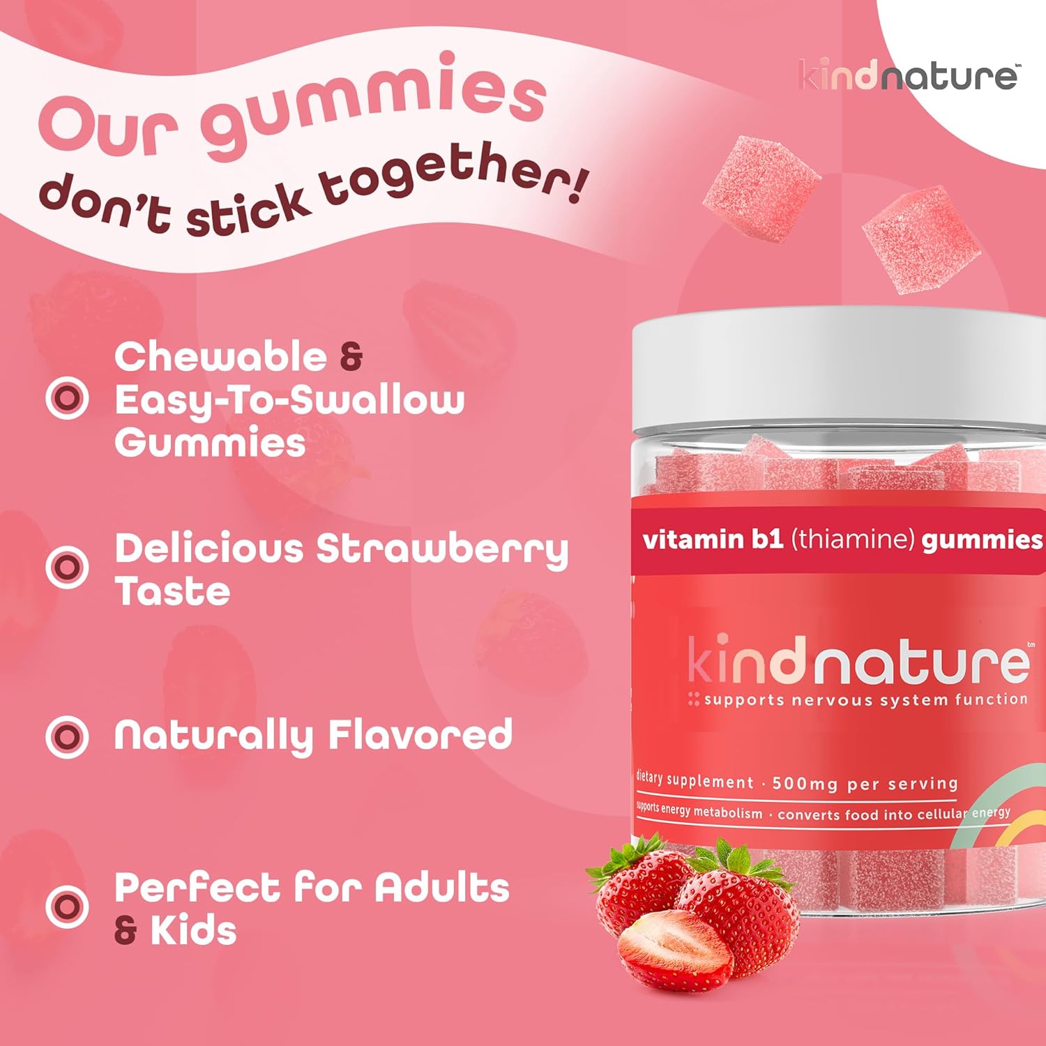 Kind Nature B-Vitamin Boost Gummies: B1 Thiamine 500mg & B2 Riboflavin 400mg for Kids & Adults - Delicious & Nutritious Option