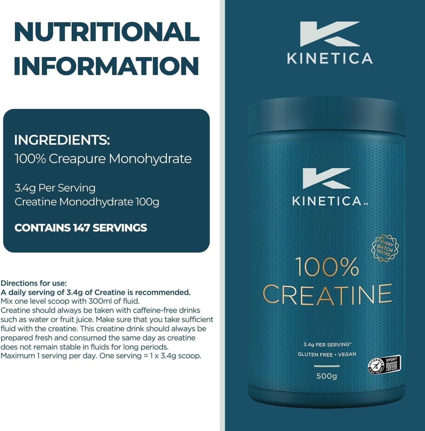 Kinetica Creapure Creatine Monohydrate Powder 500g - 147 Servings, Vegan & Gluten-Free