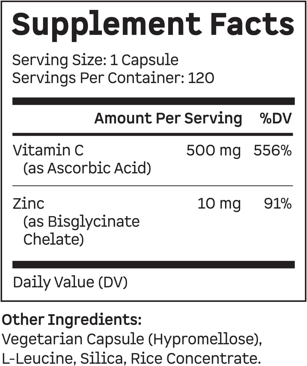 Kion Immune Support Supplement with 500mg Vitamin C and 10mg Zinc - 120 Servings for Everyday Wellness