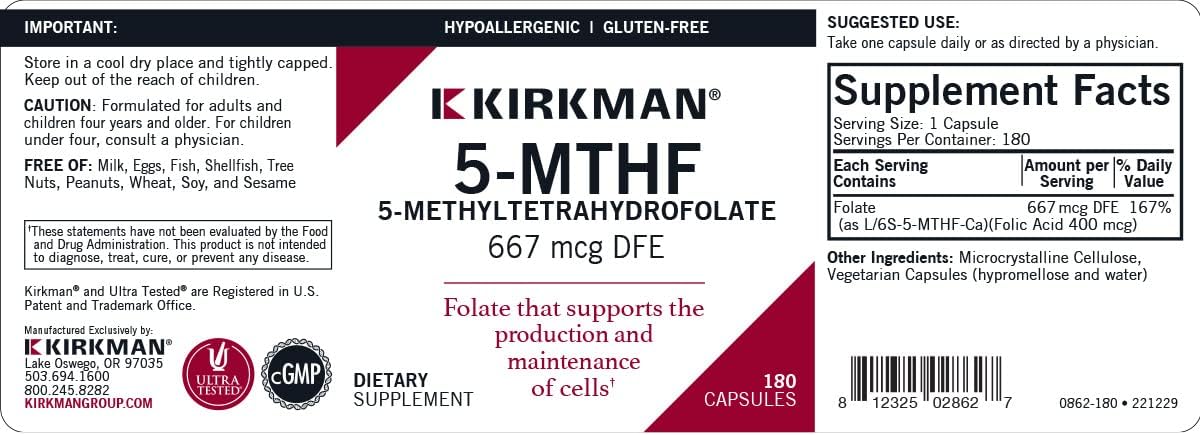 Kirkman 5-MTHF Supplement - Folate for Cell Maintenance - 5-Methyltetrahydrofolate
