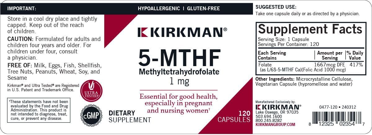 Kirkman 5-MTHF Vegetarian Capsules - Hypoallergenic Formula with Essential Folic Acid for Good Health - 120 Count