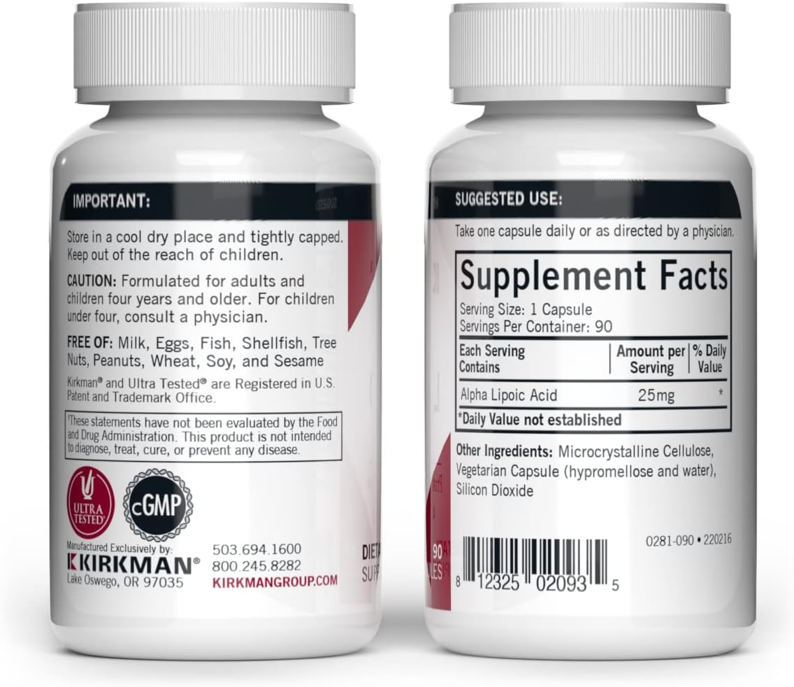 Kirkman Alpha Lipoic Acid Capsules - 90 Count - 50mg - Powerful Antioxidant - Hypoallergenic Formula - Neutralizes Free Radicals