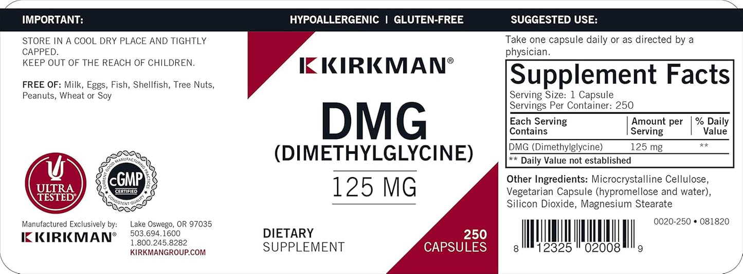 Kirkman DMG 125 mg - Hypoallergenic - 250 Vegetarian Capsules - Buy Online
