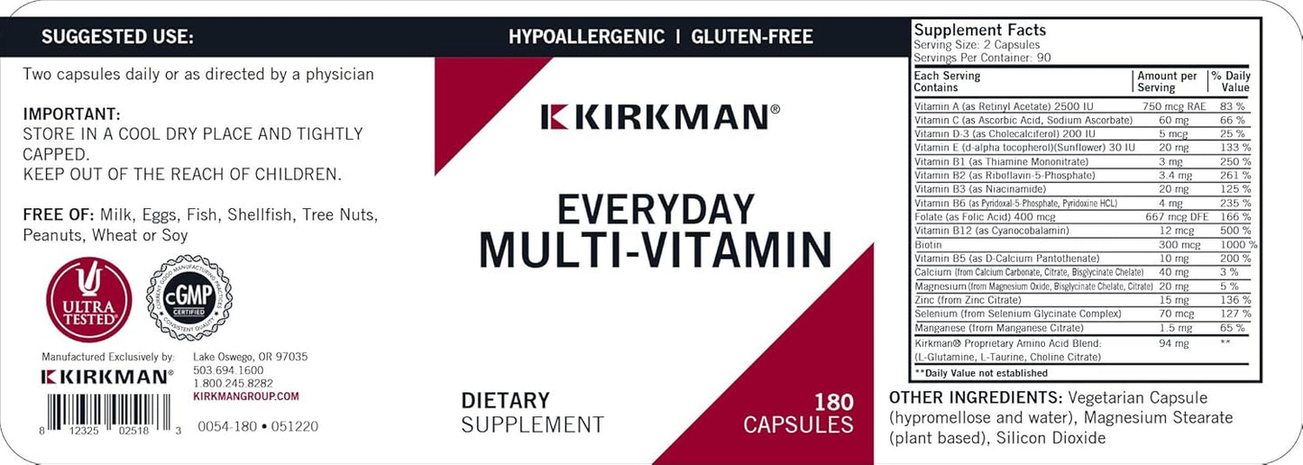 Kirkman Everyday Multivitamin 180 Capsules - Broad-Spectrum Vitamin & Mineral Blend for Productivity - Hypoallergenic Formula