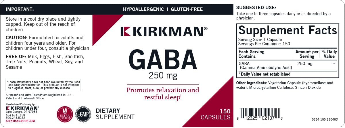 Kirkman GABA 250mg Capsules for Relaxation and Restful Sleep - Hypoallergenic Formula