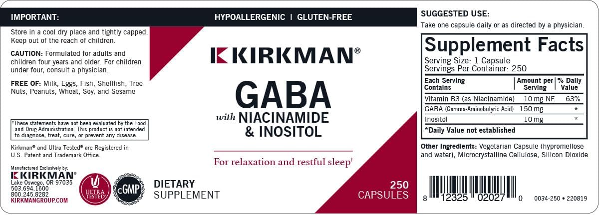 Kirkman GABA Capsules with Niacinamide & Inositol for Relaxation and Restful Sleep - 250 Count - Hypoallergenic Formula
