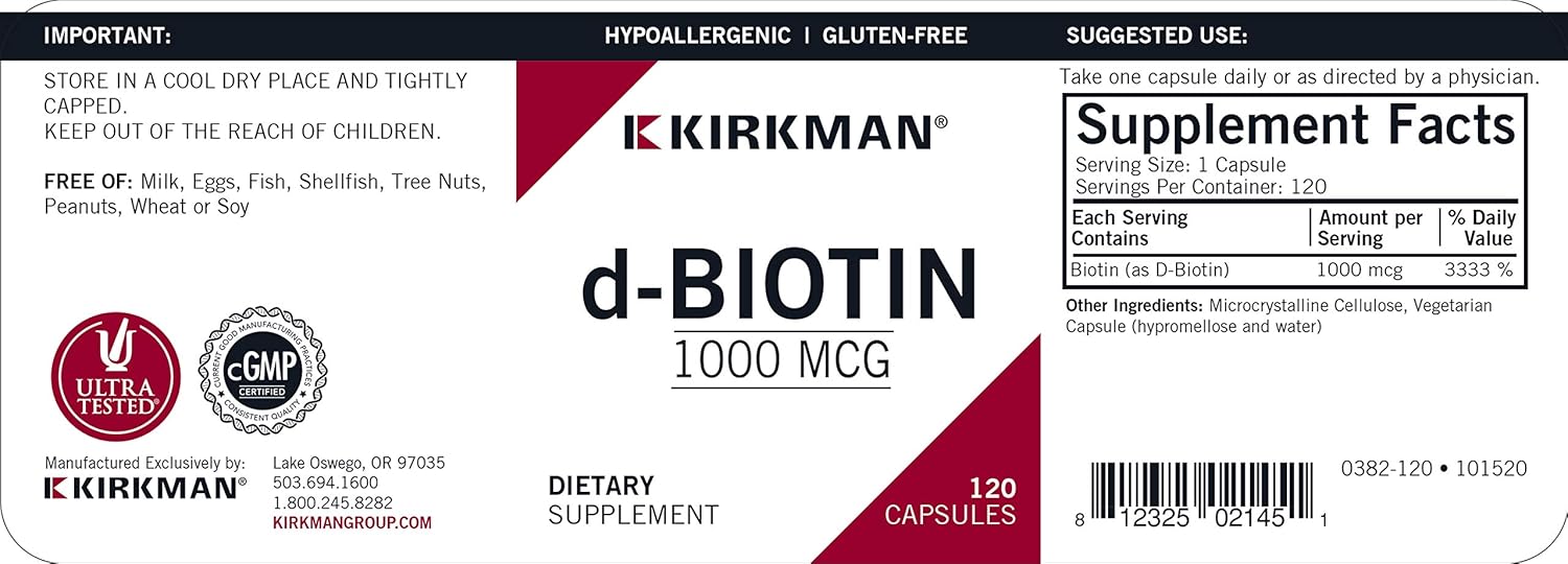 Kirkman Hypoallergenic d-Biotin 1000 mcg Capsules - 120 Count