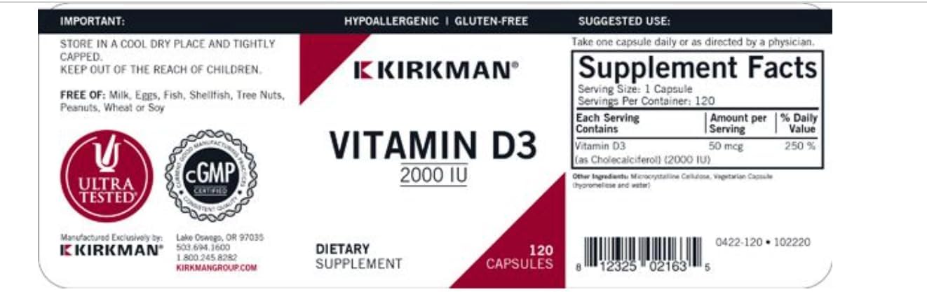 Kirkman Hypoallergenic Vitamin D-3 2000 IU Capsules - 120 Count