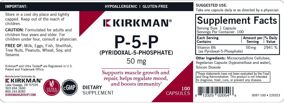Kirkman P-5-P 50 mg Vitamin B6 Metabolite Capsules - Hypoallergenic 100 Count Bottle