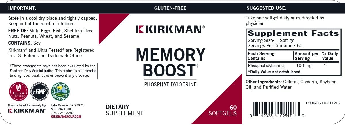 Kirkman Phosphatidylserine Memory Boost Supplement 100mg - Cognitive Support for Enhanced Memory & Focus