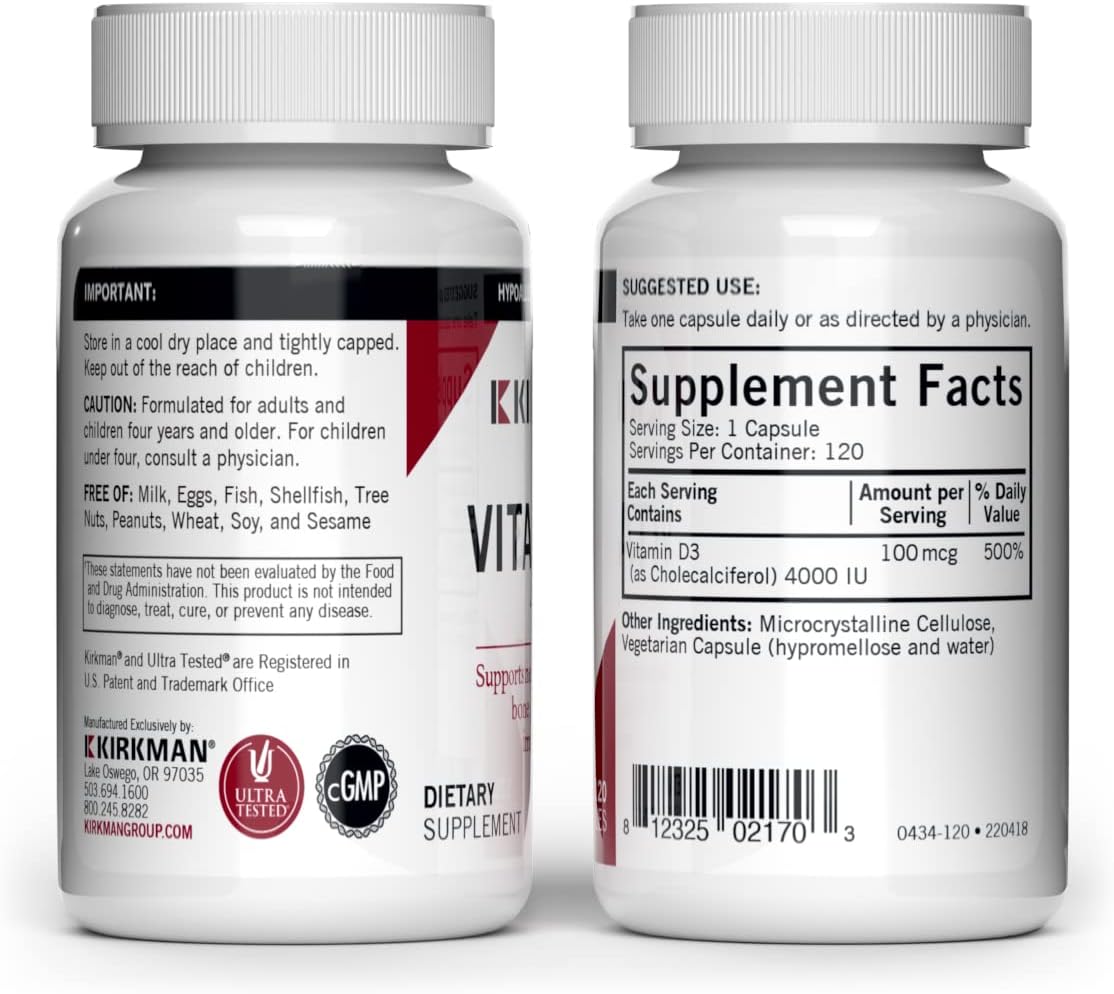 Kirkman Vitamin D3 4000 IU Capsules for Immune Health & Strong Bones - Hypoallergenic Formula - 120 Count
