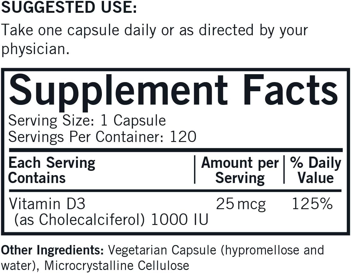 Kirkman Vitamin D3 Capsules 1000 IU - 120 Count - Boosts Immune System & Bone Health - Hypoallergenic Formula