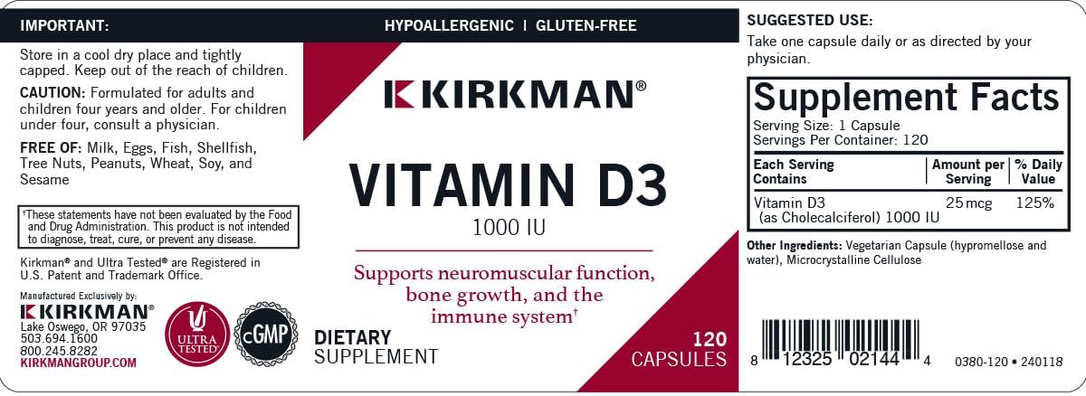 Kirkman Vitamin D3 Capsules 1000 IU - 120 Count - Boosts Immune System & Bone Health - Hypoallergenic Formula
