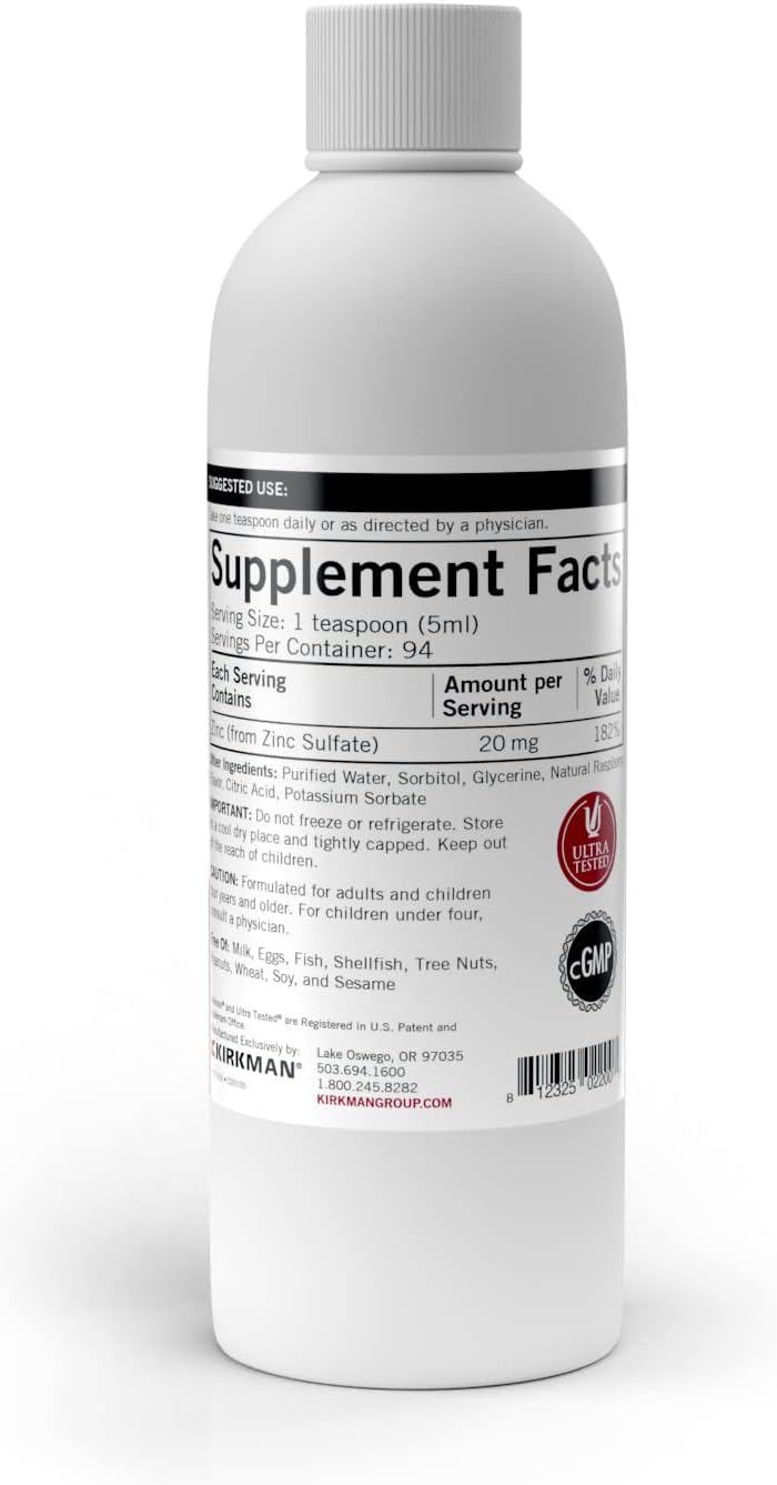 Kirkman Zinc Liquid 16 oz - New Formulation, Natural Raspberry Flavor, Free of Allergens