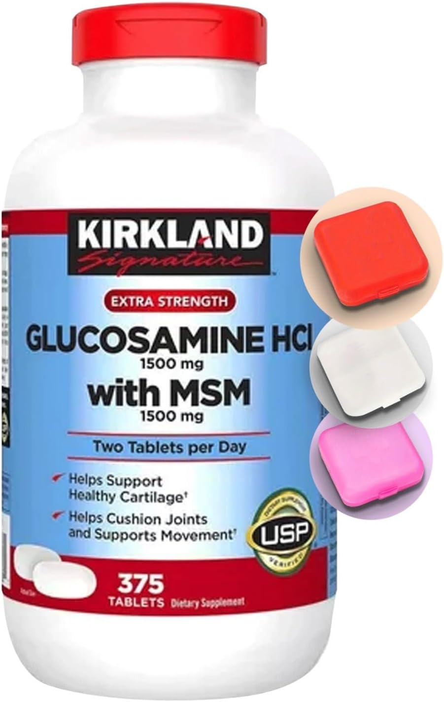 Kirland Signature Glucosamine HCI with MSM Bundle + Premium Travel Pill Case - Easy Carry (1 Pair)