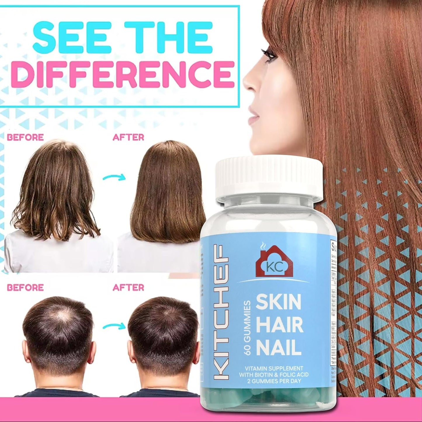 KITCHEF KC Hair Skin and Nails Gummies for Men and Women - Promotes Strong Hair, Faster Nail Growth, and Healthy Skin - Natural Beauty Supplement