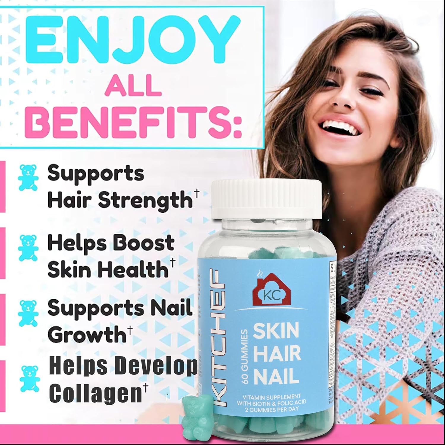KITCHEF KC Hair Skin and Nails Gummies for Men and Women - Promotes Strong Hair, Faster Nail Growth, and Healthy Skin - Natural Beauty Supplement