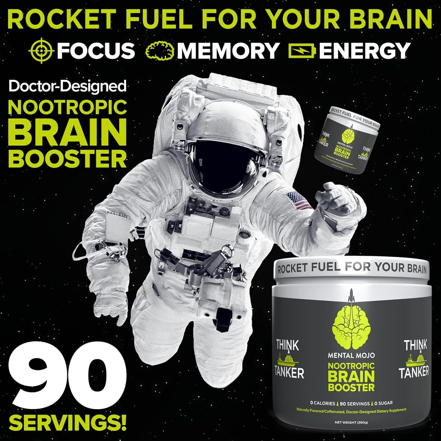 Kiwi Strawberry Nootropic Brain Booster Drink Mix - Boost Energy, Focus, Memory - Zero Sugar, 90 Servings