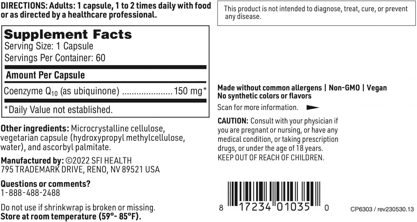 Klaire Labs Coenzyme Q10 150mg Capsules - Hypoallergenic Ubiquinone Formula for Heart Health & Energy - 60 Count
