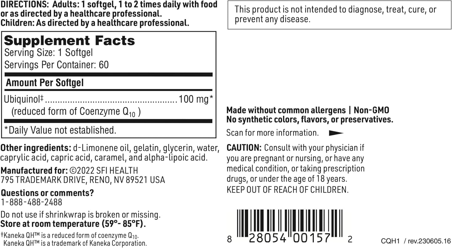 Klaire Labs CoQH - Hypoallergenic 100mg Ubiquinol CoQ10 in D-Limonene Oil for Mitochondrial Health - 60 Softgels
