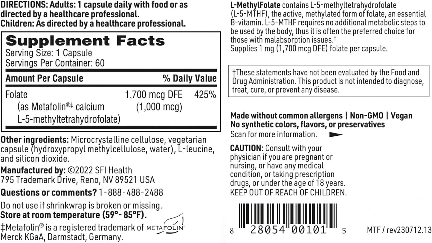 Klaire Labs L-Methylfolate 1000mcg Capsules - Highly Bioavailable Folate Supplement, Hypoallergenic, 60 Count