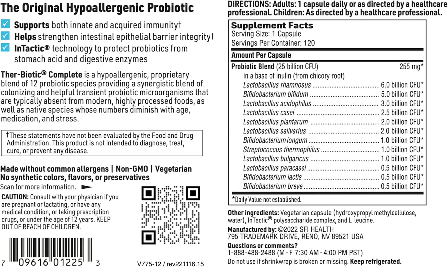 Klaire Labs Ther-Biotic Complete Probiotic Supplement - 25 Billion CFU - Hypoallergenic for Men and Women - Digestive and Immune Support - Dairy-Free - 120 Capsules (2 Pack)