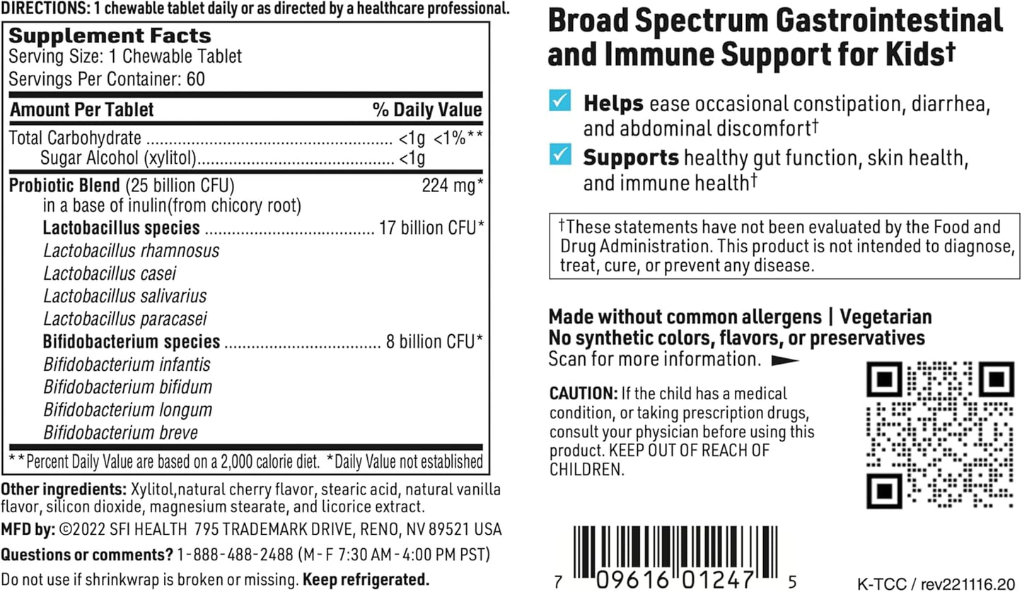 Klaire Labs Ther-Biotic Kids Chewable Probiotic - 25b CFU Lactobacillus + Bifidobacterium - Dairy-Free, Hypoallergenic - 2 Pack of 60 Tablets - Supports GI Health and Immune System in Children