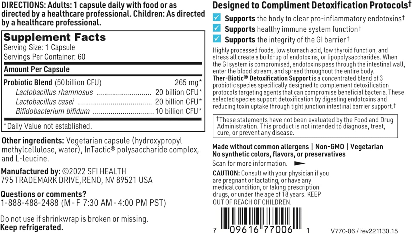 Klaire Labs Ther-Biotic Probiotic Supplement - 50 Billion CFU - Supports GI Detox, Digestive Health - Hypoallergenic Lactobacillus + Bifidobacterium - 60 Capsules