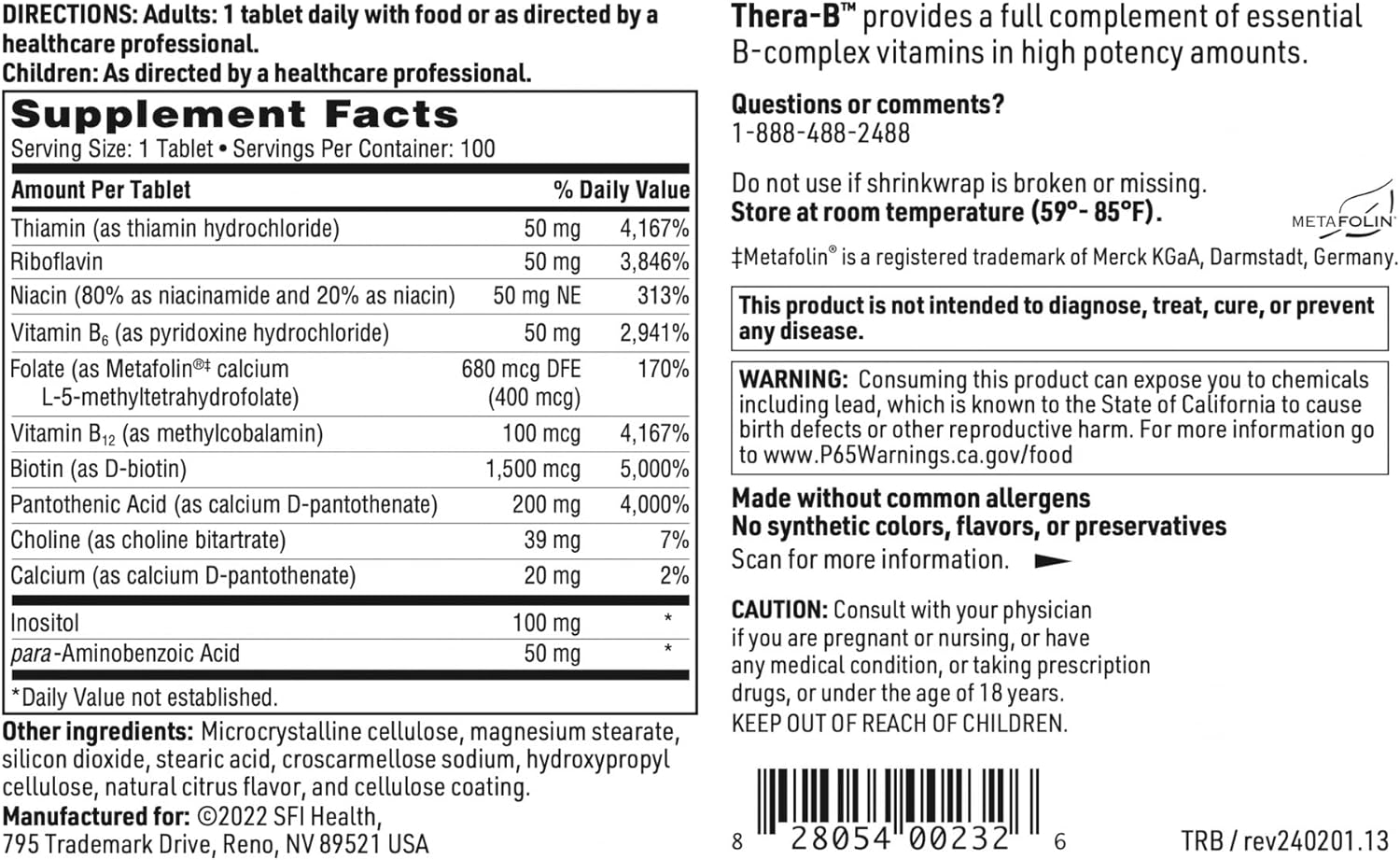 Klaire Labs Thera-B - Hypoallergenic Vitamin B Complex with Activated Folate & Biotin (100 Tablets)