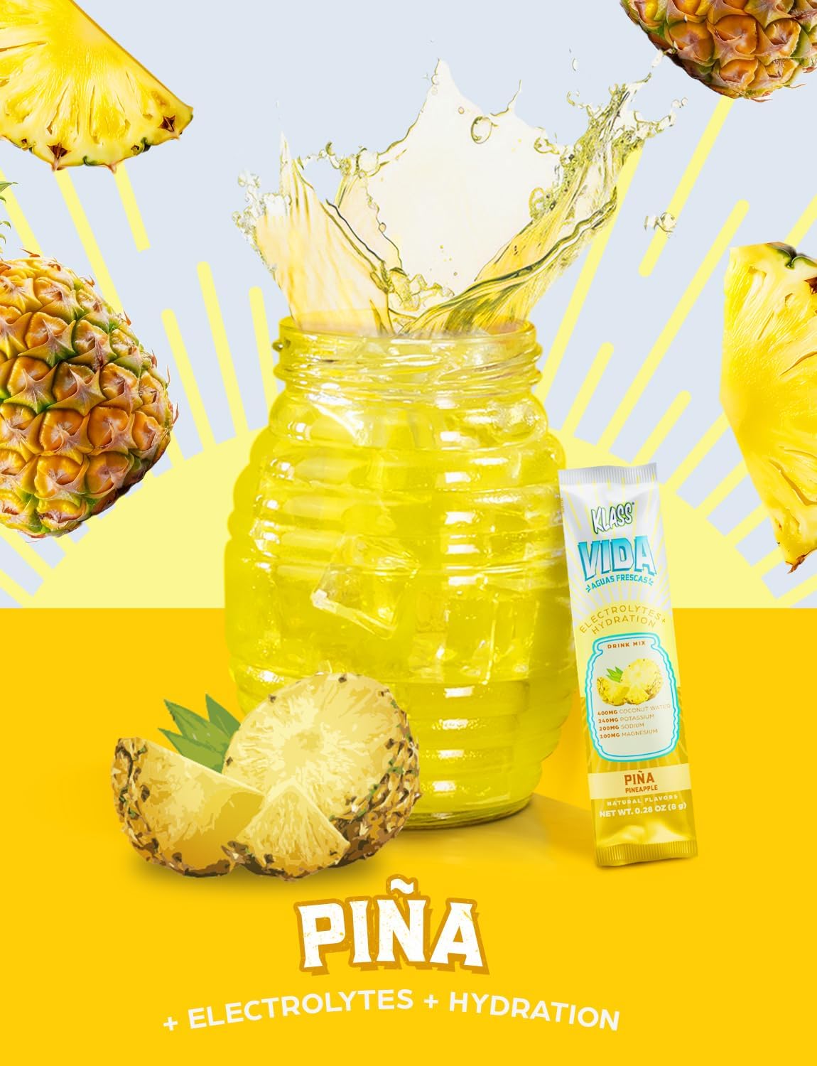 KLASS VIDA Pineapple Electrolyte Agua Fresca Drink Mix - 15 Packets, Sugar-Free, Low Calorie, Natural Flavors