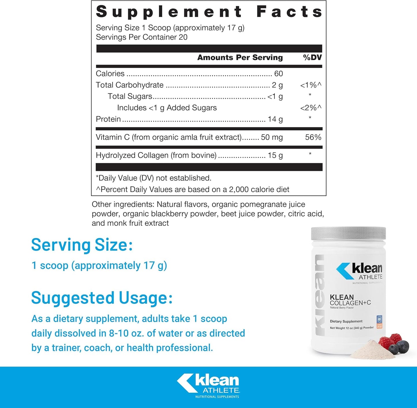 Klean Collagen+C by Klean ATHLETE - Collagen Peptides with Vitamin C for Joint Support - 12oz Berry Flavor