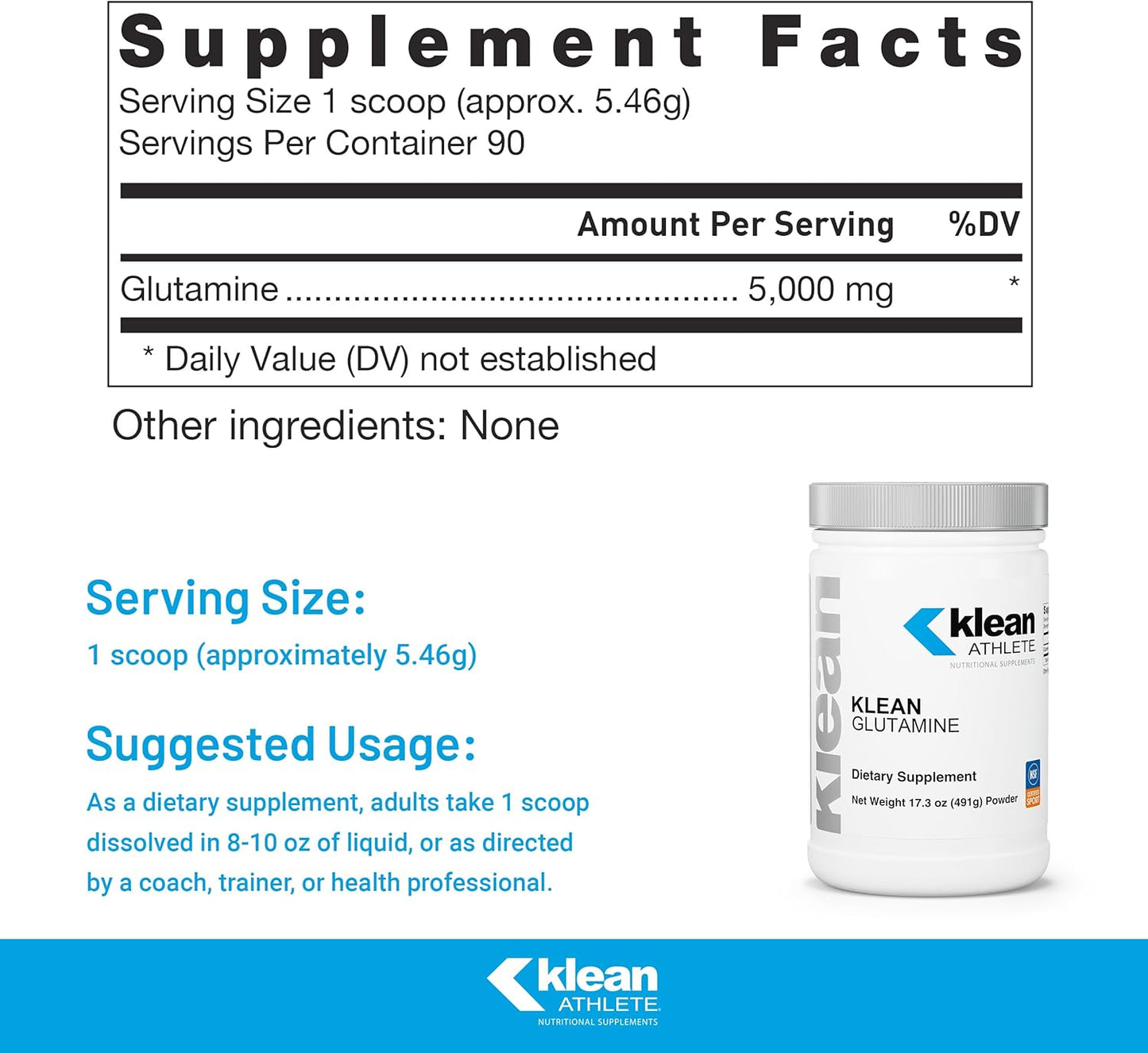 Klean Glutamine Supplement for Immunity & Gut Health - NSF Certified Vegan Amino Acids - 17.3 oz