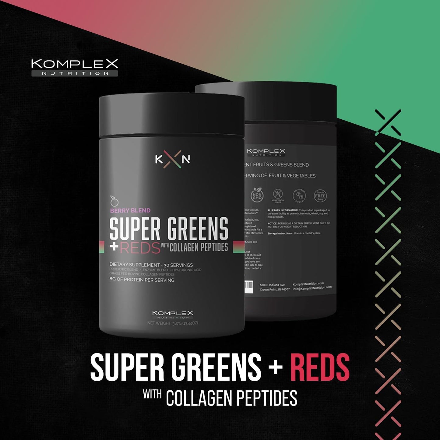 KompleX Nutrition Superfoods Greens and Reds Blend with Grass-Fed Collagen Peptides, 30 Servings - Hydrolyzed and Pastured-Raised