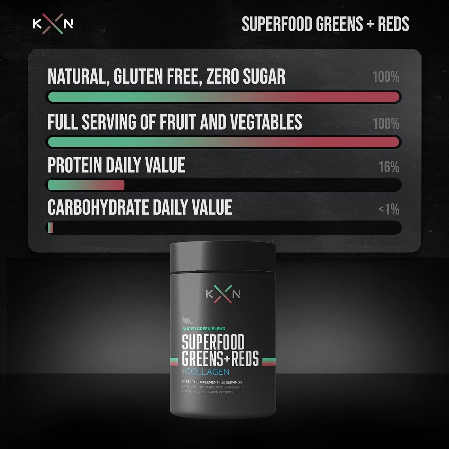 KompleX Nutrition Superfoods Greens and Reds Blend with Grass-Fed Collagen Peptides, 30 Servings - Hydrolyzed and Pastured-Raised