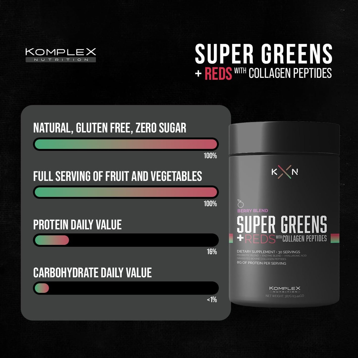 KompleX Nutrition Superfoods Greens and Reds Blend with Grass-Fed Collagen Peptides, 30 Servings - Hydrolyzed and Pastured-Raised