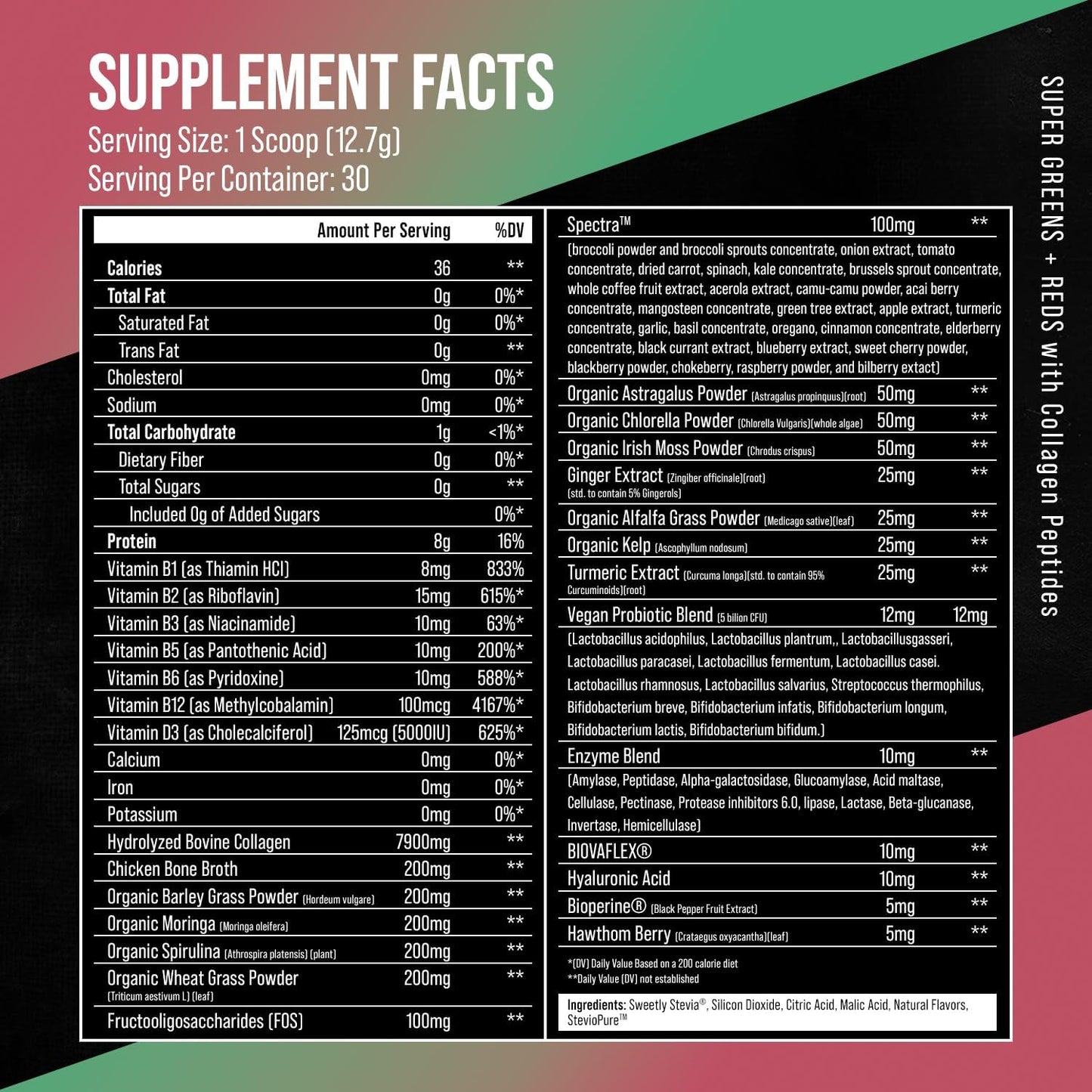 KompleX Nutrition Superfoods Greens and Reds Blend with Grass-Fed Collagen Peptides, 30 Servings - Hydrolyzed and Pastured-Raised