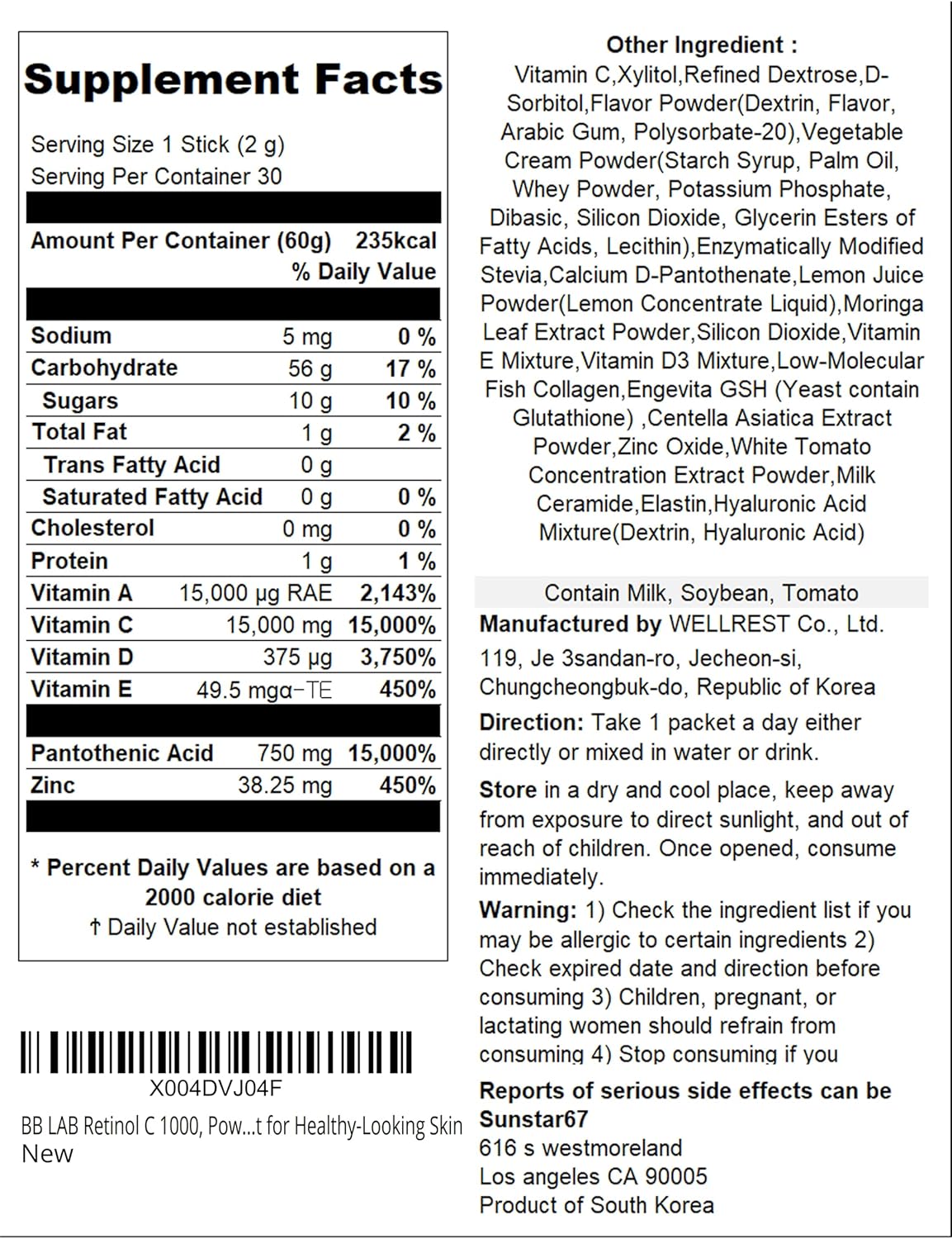 Korean BB LAB Retinol C 1000 Powder Blend with Vitamin C, E, B5 & Zinc for Radiant Skin - Inner Beauty Supplement