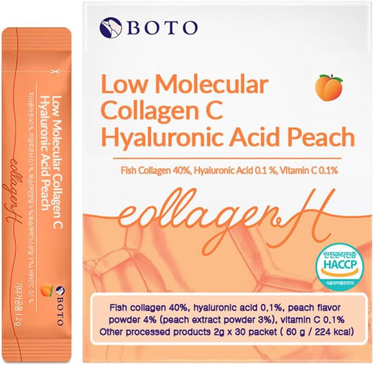 Korean Beauty Peach Flavored Collagen Peptides Powder Supplement with Hyaluronic Acid and Vitamin C - 30 Day Supply