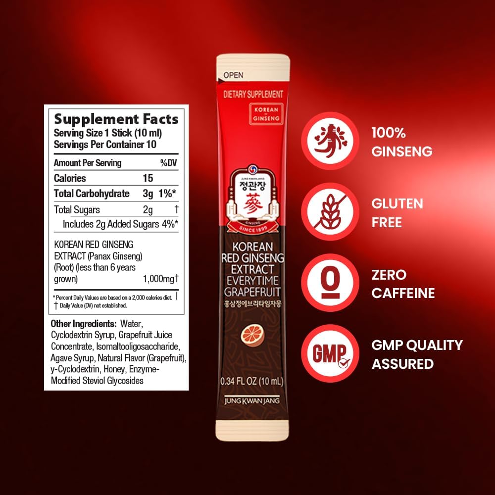 Korean Red Ginseng Extract Everytime Grapefruit 1000mg Capsules - Energy Booster, Antioxidant, Gluten-free - 60 Count