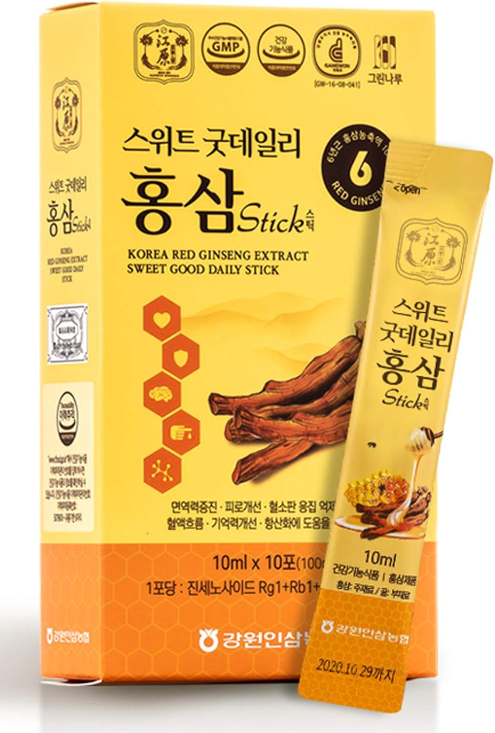 Korean Red Ginseng Extract Sweet Daily Stick - 30 Count Contains 6-Year Extract - 10ml Stick Packs - 3 Boxes of 10 Sticks