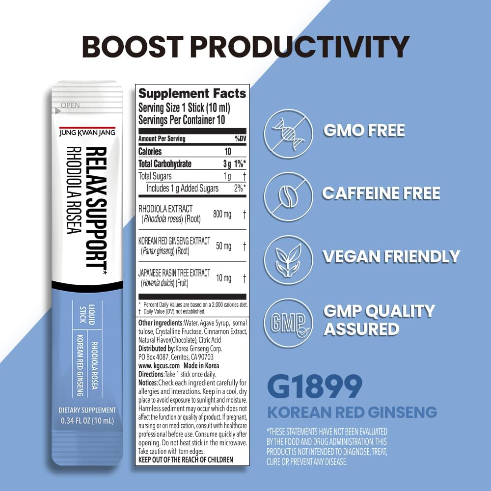 Korean Red Ginseng Rhodiola Rosea Extract Sticks for Relaxation Support, 800mg - 10 Count