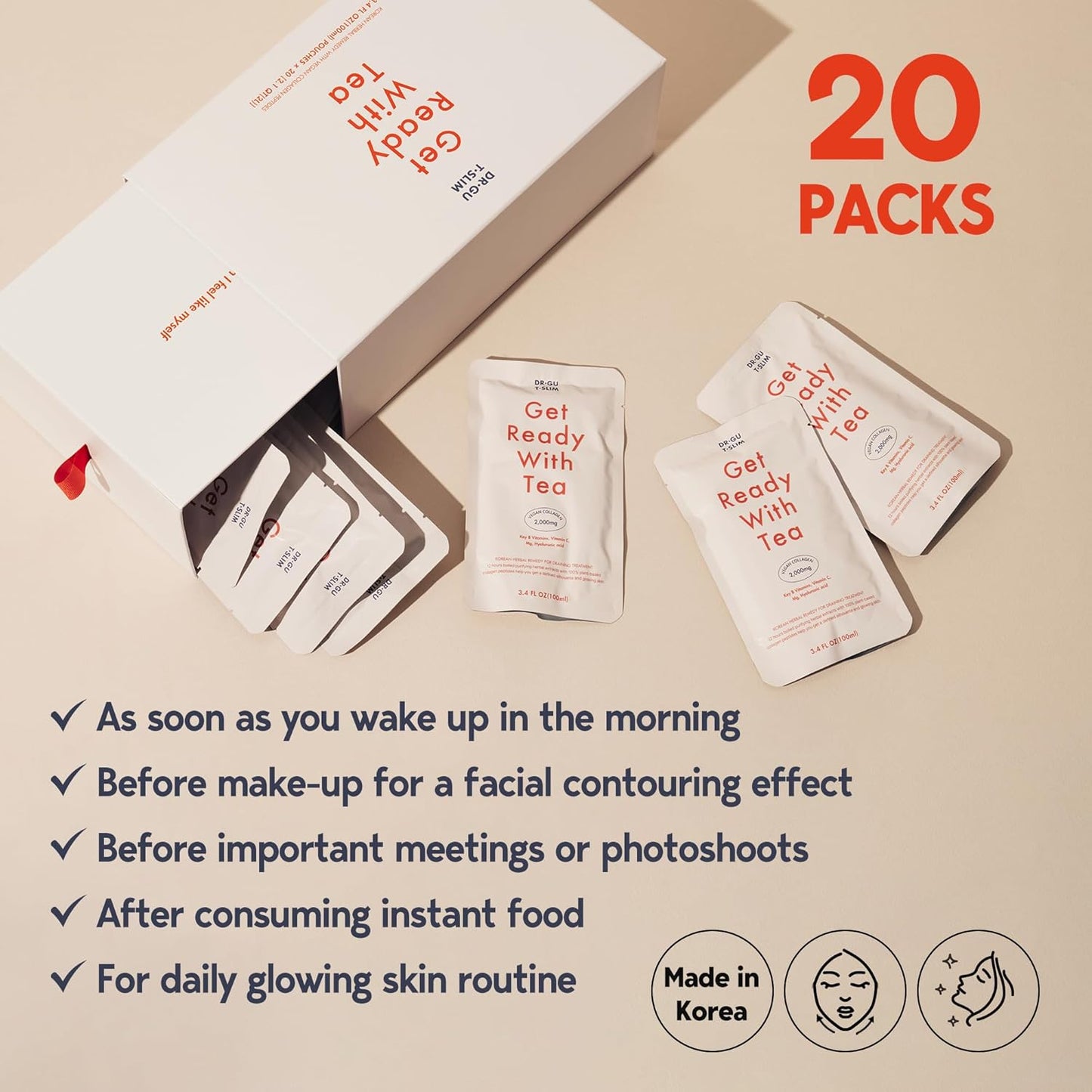 Korean Vegan Collagen Peptides Liquid Supplement - Mixed Berry Flavor | Dr. GU T.SLIM Herbal Extracts - 20 Packs (1 Box) for Glowing Skin - Tea Ready